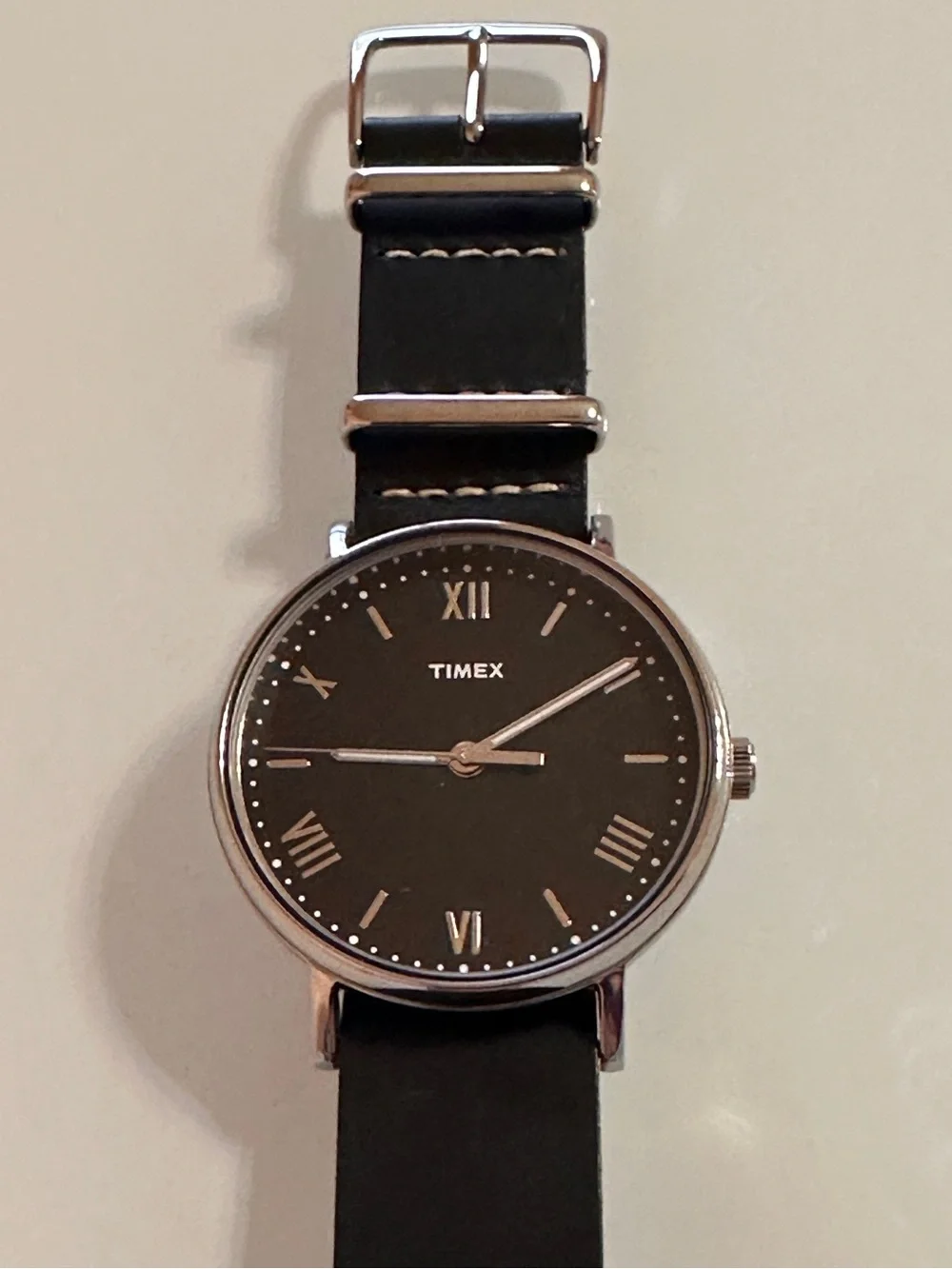 Timex Southview Genuine Leather NATO Strap Chrome Silver Accent Black Dial